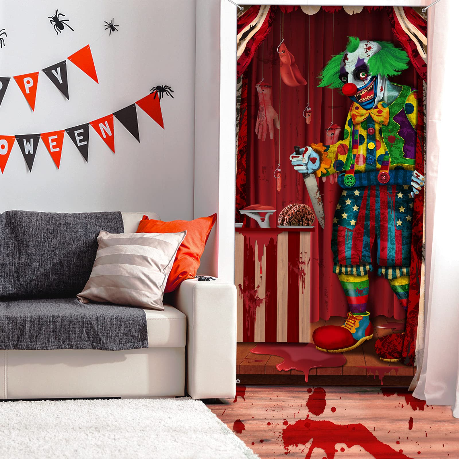 Halloween Decorations Large Evil Clown Door Cover Fabric Halloween Door Banner Backdrop Background Clown Theme Front Door Cover for Halloween Party Haunted House Photo Props Supplies, 70.9 x 35.4 Inch