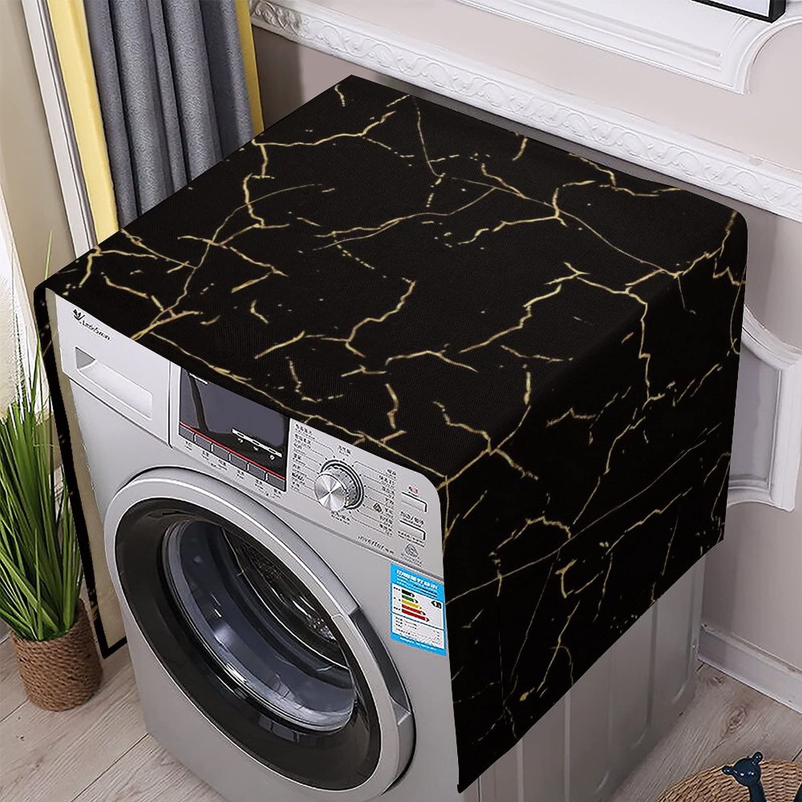 Black Marble Pattern Washing Machine Dryer Top Cover Refrigerator Fridge Dust-Proof Cover with Storage Pockets Bags Sunscreen Cover Kitchen Christmas Decor