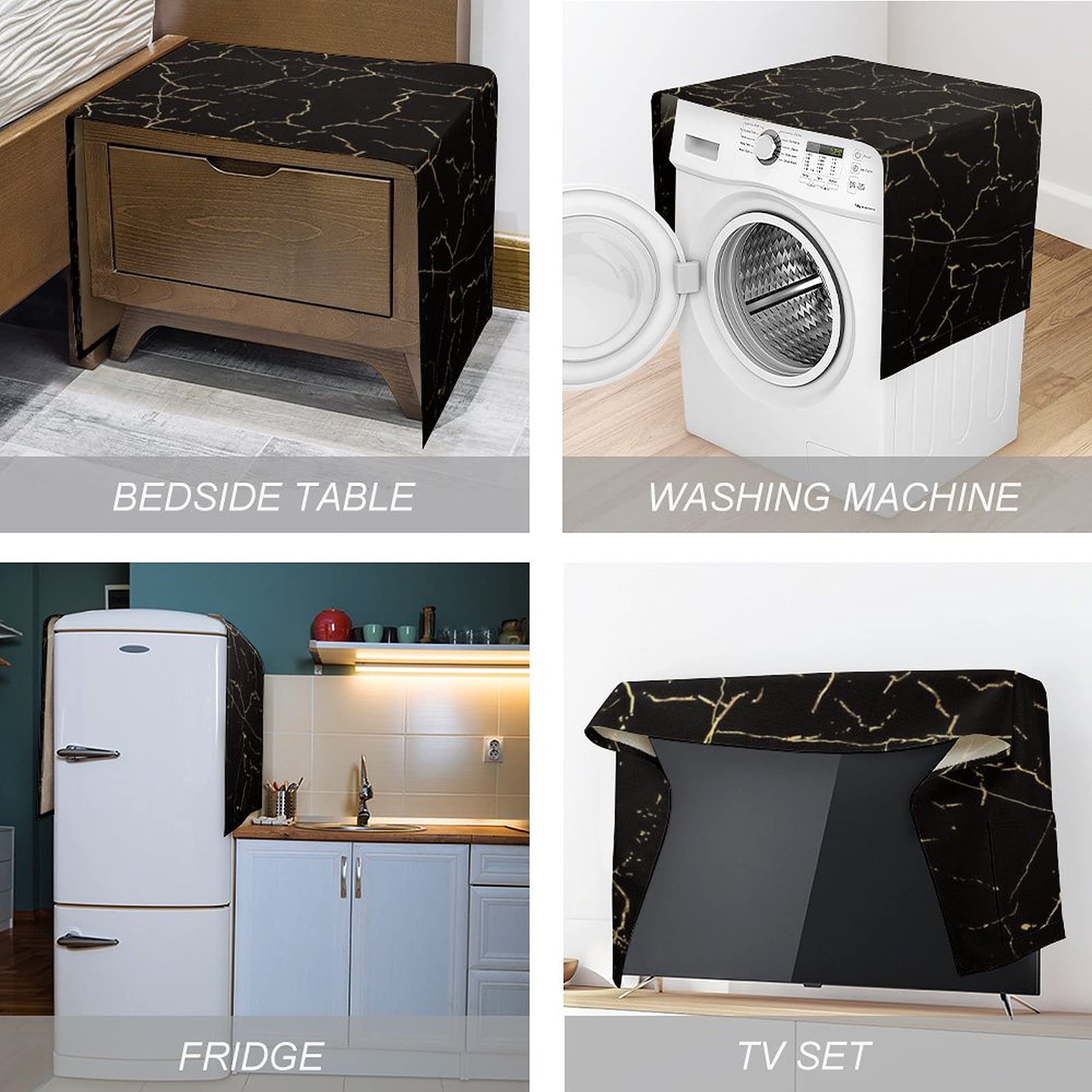 Black Marble Pattern Washing Machine Dryer Top Cover Refrigerator Fridge Dust-Proof Cover with Storage Pockets Bags Sunscreen Cover Kitchen Christmas Decor