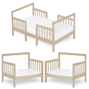 dream on me star 3 in 1 convertible toddler bed in vanilla oak, converts to chair&table, non-toxic finish, jpma certified, made of durable & sustainable pinewood
