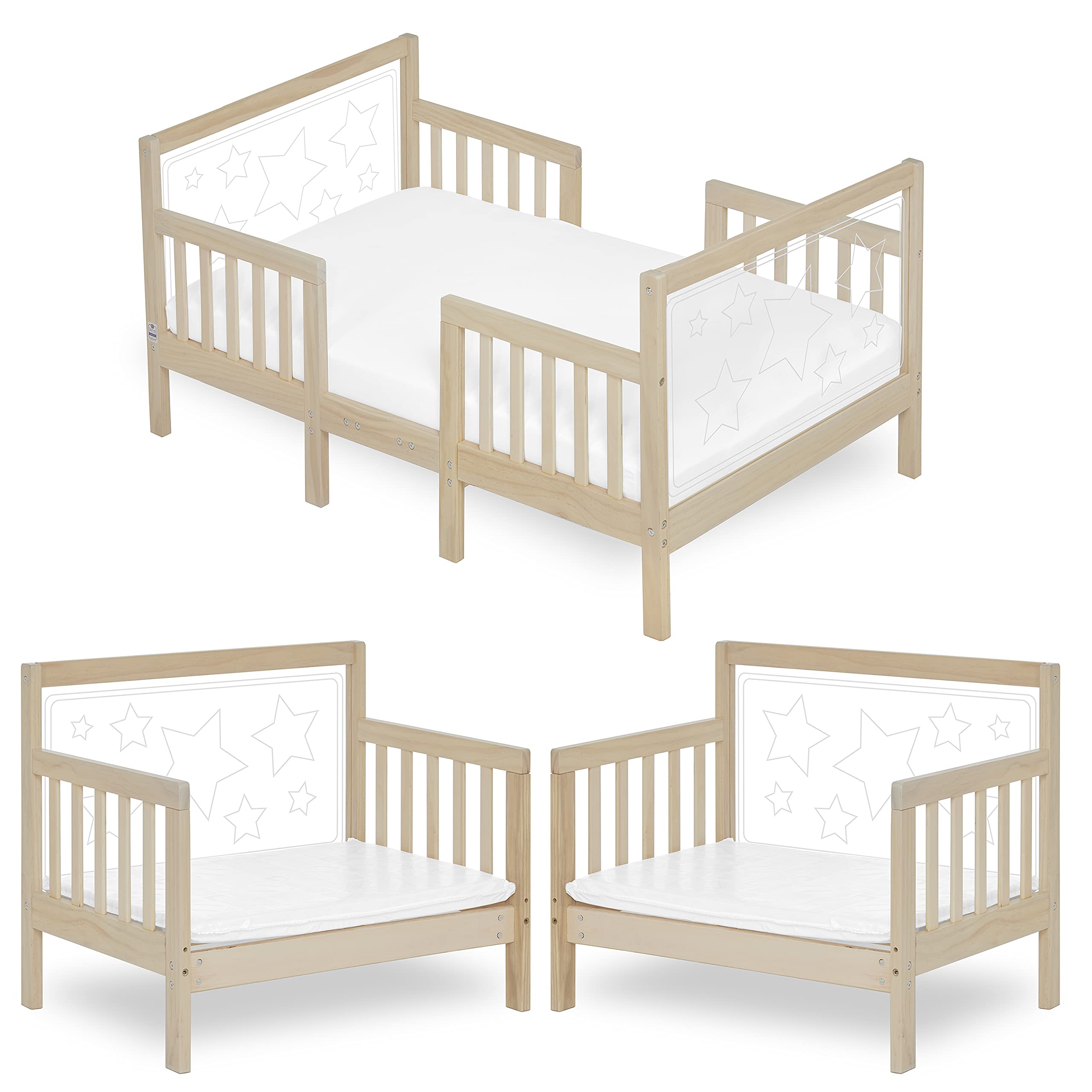 Dream On Me Star 3 in 1 Convertible Toddler Bed in Vanilla Oak, Converts to Chair&Table, Non-Toxic Finish, JPMA Certified, Made of Durable & Sustainable Pinewood