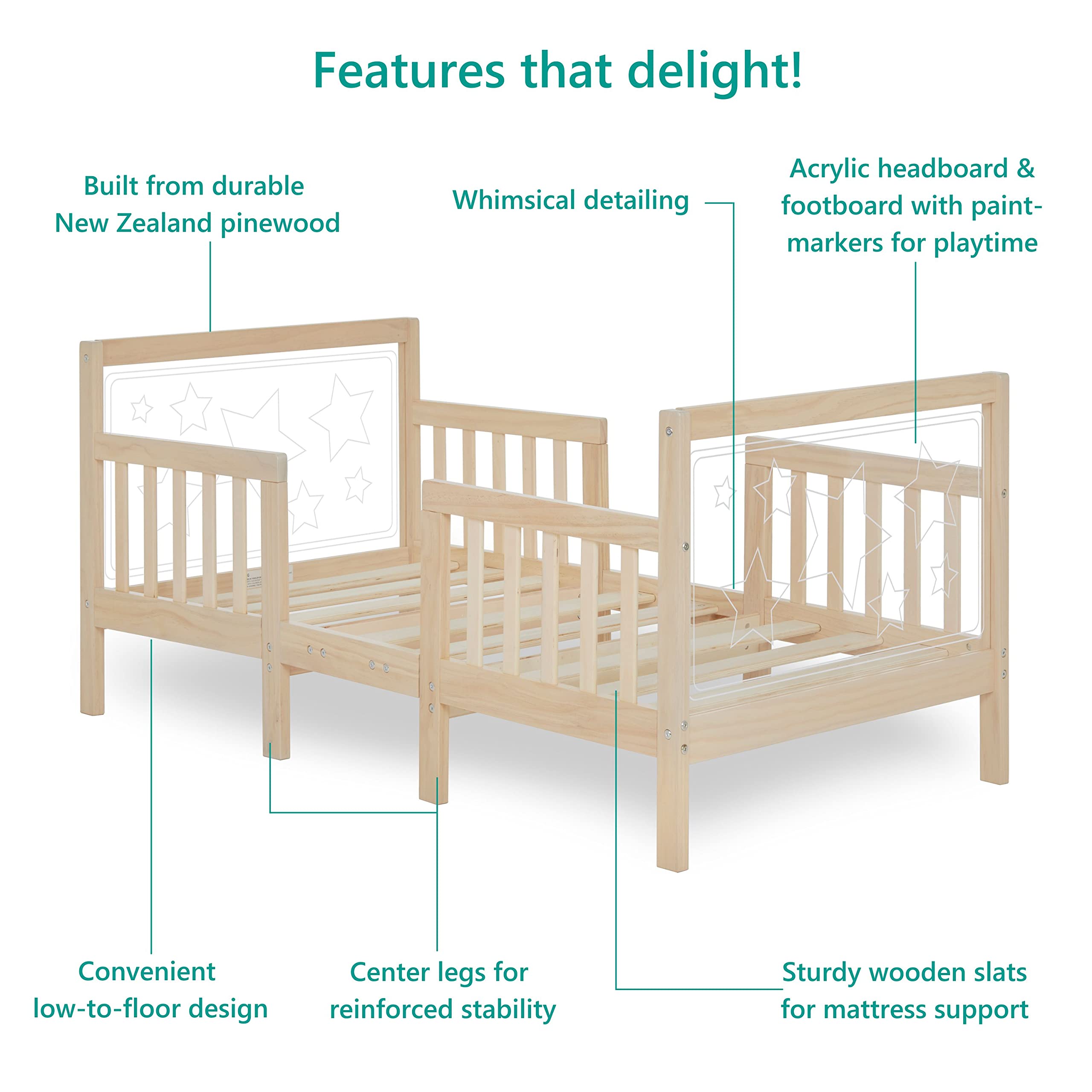 Dream On Me Star 3 in 1 Convertible Toddler Bed in Vanilla Oak, Converts to Chair&Table, Non-Toxic Finish, JPMA Certified, Made of Durable & Sustainable Pinewood