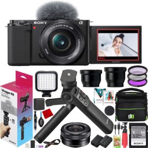 sony zv-e10 mirrorless camera vlogger kit with 16-50mm f3.5-5.6 lens ilczv-e10l/b black bundle with accvc1 including gp-vpt2bt grip + filters + wide & telephoto lenses + deco gear case & accessories