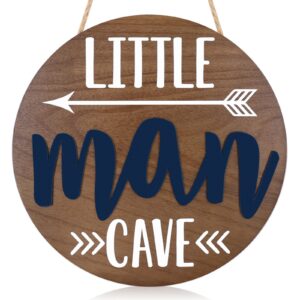 little man cave wooden round door sign for little boy nursery room wall art natural wood baby toddler kids bedroom living room hanging rustic farmhouse decor -blue