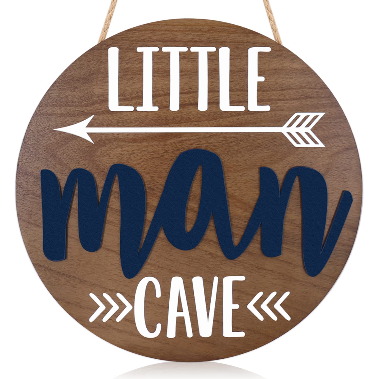 Little Man Cave Wooden Round Door Sign for Little Boy Nursery Room Wall Art Natural Wood Baby Toddler Kids Bedroom Living Room Hanging Rustic Farmhouse Decor -Blue