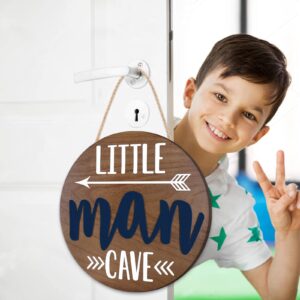 Little Man Cave Wooden Round Door Sign for Little Boy Nursery Room Wall Art Natural Wood Baby Toddler Kids Bedroom Living Room Hanging Rustic Farmhouse Decor -Blue