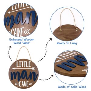 Little Man Cave Wooden Round Door Sign for Little Boy Nursery Room Wall Art Natural Wood Baby Toddler Kids Bedroom Living Room Hanging Rustic Farmhouse Decor -Blue