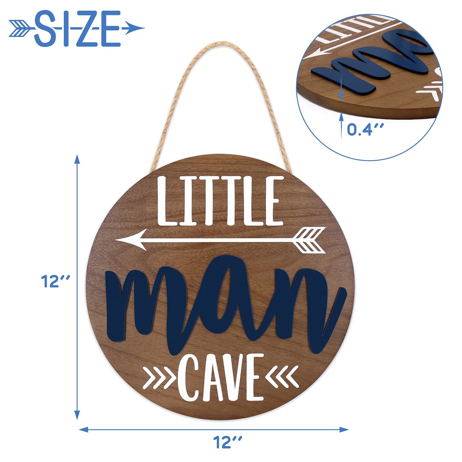 Little Man Cave Wooden Round Door Sign for Little Boy Nursery Room Wall Art Natural Wood Baby Toddler Kids Bedroom Living Room Hanging Rustic Farmhouse Decor -Blue