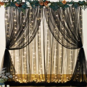 black sheer backdrop curtains with lights string for birthday party 10ft × 8ft black tulle backdrop curtain for baby shower halloween photo shoot decorations
