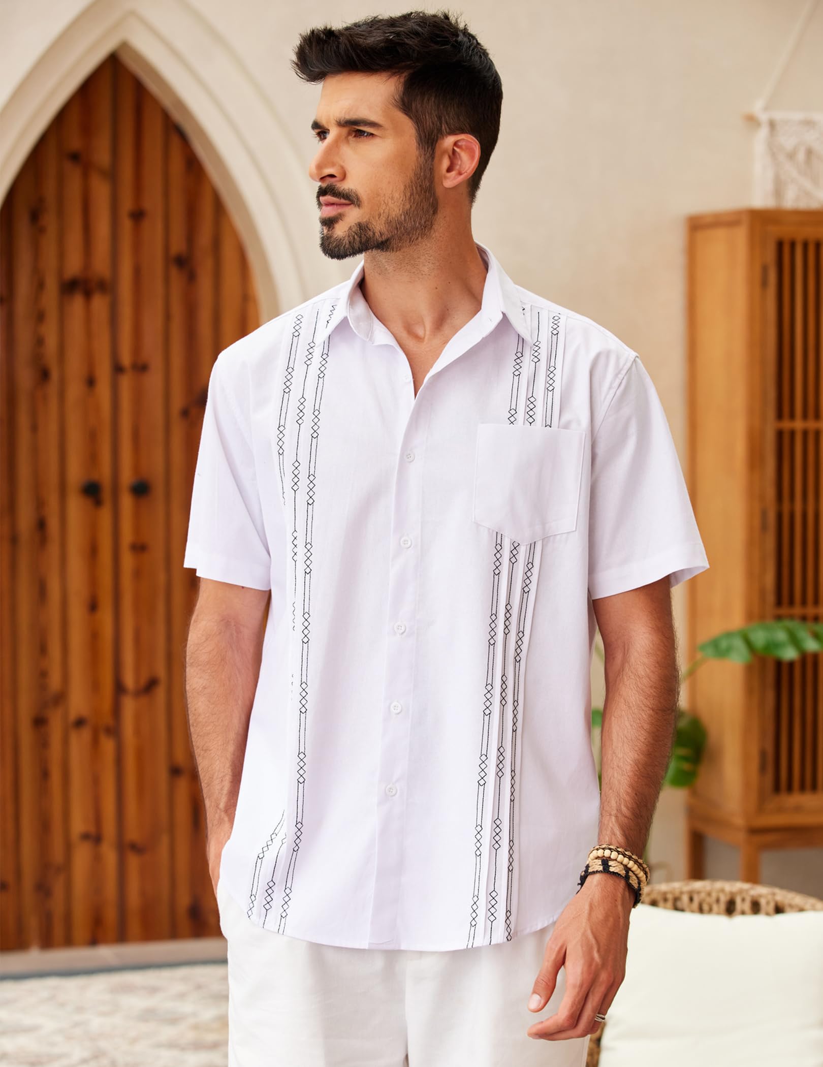 COOFANDY Men Linen Beach Shirt Casual Button Down Dress Shirt Summer Hawaiian Shirts White