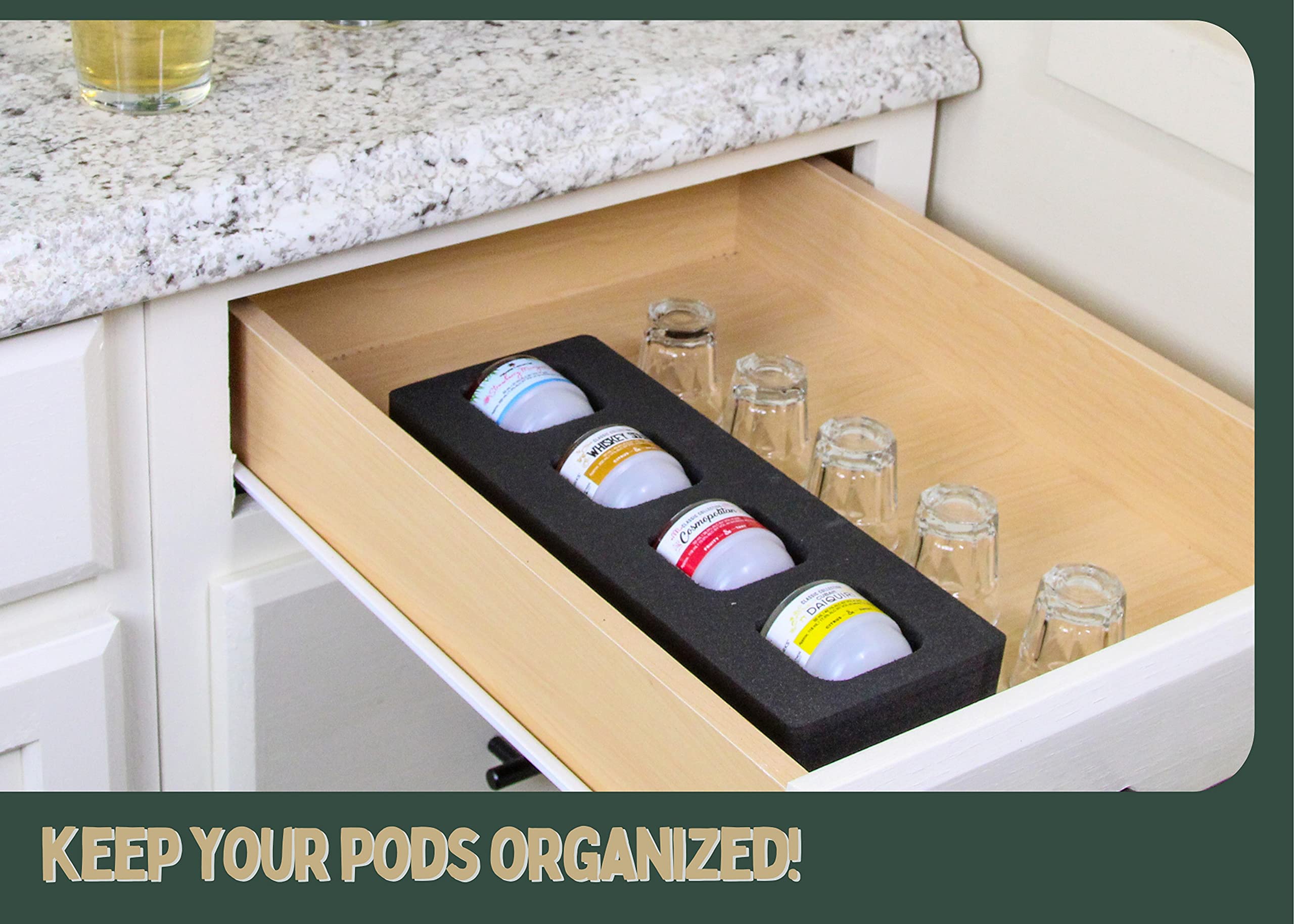 Polar Whale 4 Cocktail Capsule Drawer Organizers Tray Insert Compatible with Keurig DrinkWorks Pods for Kitchen Home Bar Party Waterproof Washable Black Foam 4 Compartment 4.5 x 11.75 Inches