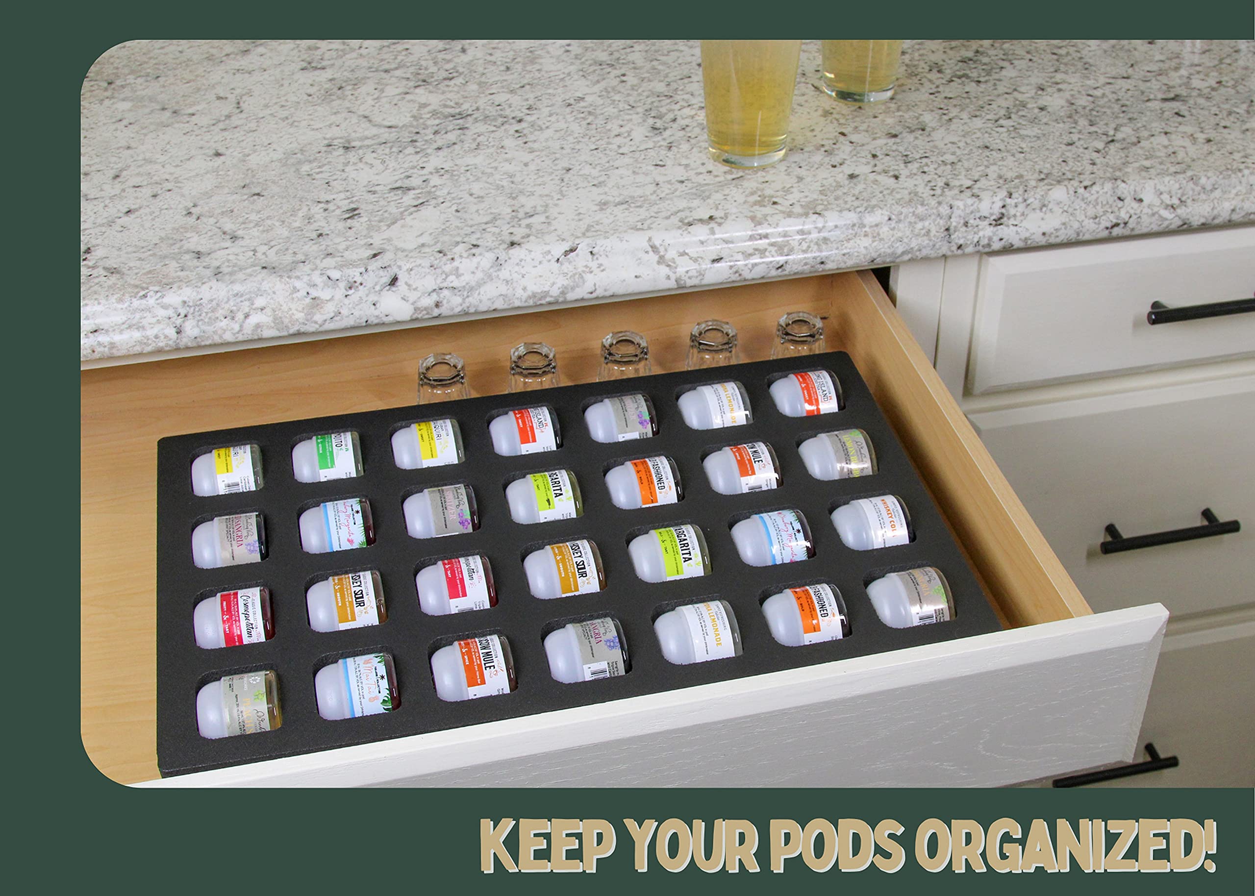 Polar Whale 2 Cocktail Capsule Drawer Organizers Tray Insert Compatible with Keurig DrinkWorks Pods for Kitchen Home Bar Party Waterproof Washable Black Foam 28 Compartment 12.75 x 20.25 Inches