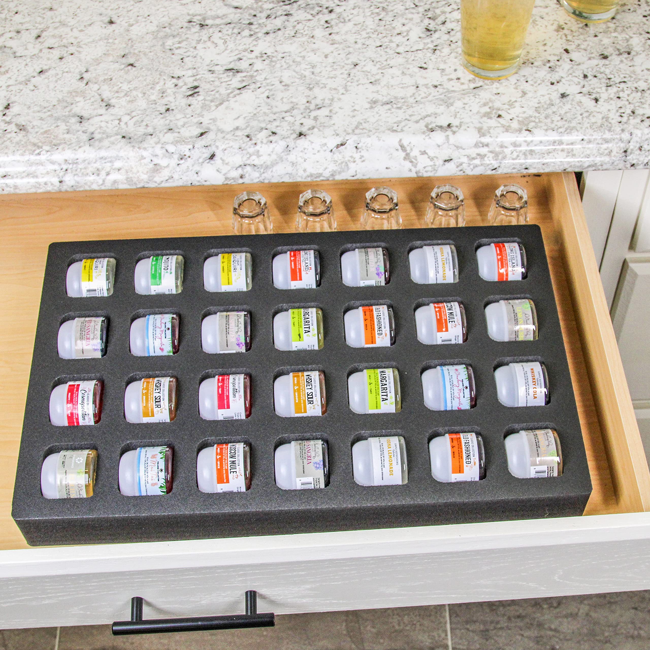 Polar Whale Cocktail Capsule Drawer Organizer Tray Insert Compatible with Keurig DrinkWorks Pods for Kitchen Home Bar Party Waterproof Washable Black Foam 28 Compartment 12.75 x 20.25 Inches