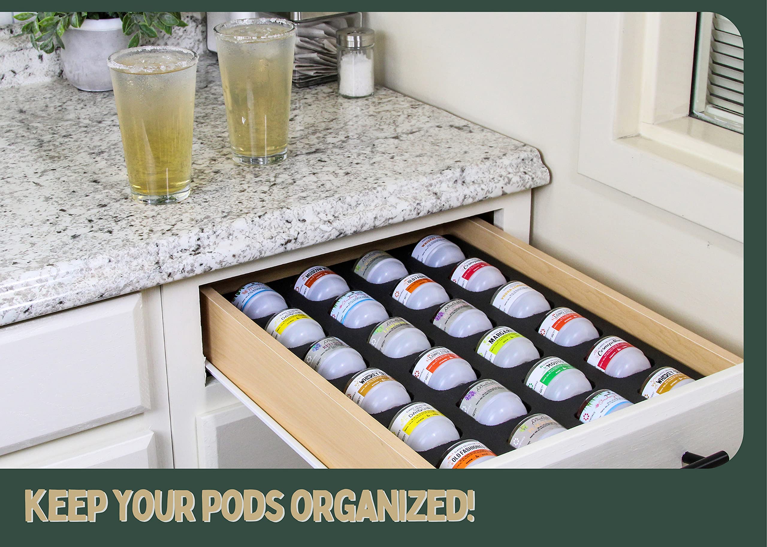 Polar Whale 4 Cocktail Capsule Drawer Organizers Tray Insert Compatible with Keurig DrinkWorks Pods for Kitchen Home Bar Party Waterproof Washable Black Foam 24 Compartment 12.6 x 17.9 Inches