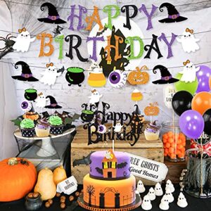 Halloween Birthday Party Decorations, Halloween Happy Birthday Banner Garland Halloween Cake Topper Latex Balloons Set for Halloween Birthday Party Supplies Baby Shower Halloween Bar Home Decor