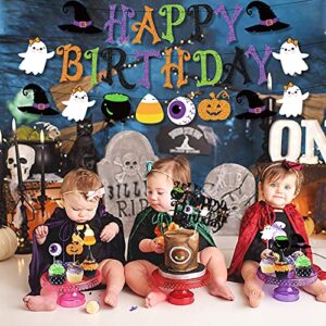 Halloween Birthday Party Decorations, Halloween Happy Birthday Banner Garland Halloween Cake Topper Latex Balloons Set for Halloween Birthday Party Supplies Baby Shower Halloween Bar Home Decor