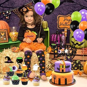 Halloween Birthday Party Decorations, Halloween Happy Birthday Banner Garland Halloween Cake Topper Latex Balloons Set for Halloween Birthday Party Supplies Baby Shower Halloween Bar Home Decor