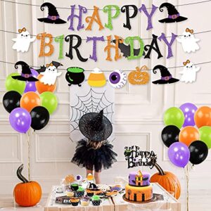 Halloween Birthday Party Decorations, Halloween Happy Birthday Banner Garland Halloween Cake Topper Latex Balloons Set for Halloween Birthday Party Supplies Baby Shower Halloween Bar Home Decor