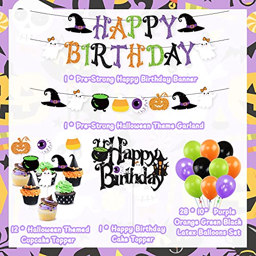 Halloween Birthday Party Decorations, Halloween Happy Birthday Banner Garland Halloween Cake Topper Latex Balloons Set for Halloween Birthday Party Supplies Baby Shower Halloween Bar Home Decor