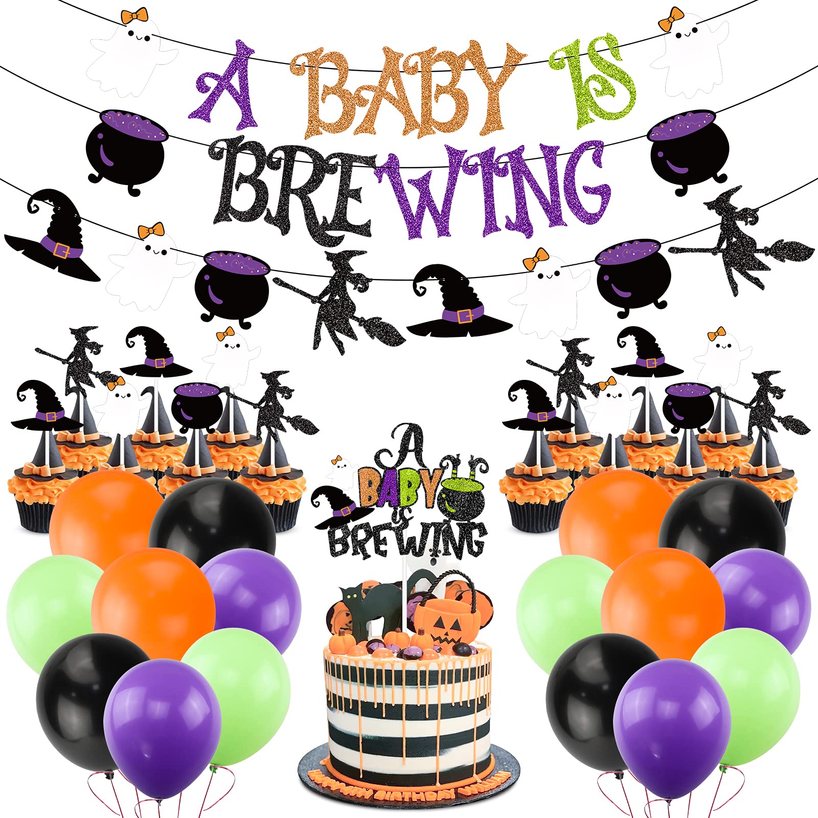 Halloween Baby Shower Decorations, Halloween A Baby is Brewing Banner Garland Halloween Cake Topper Balloons Set for Boy Girl Halloween Baby Shower Pregnancy Celebration Gender Reveal Party Supplies