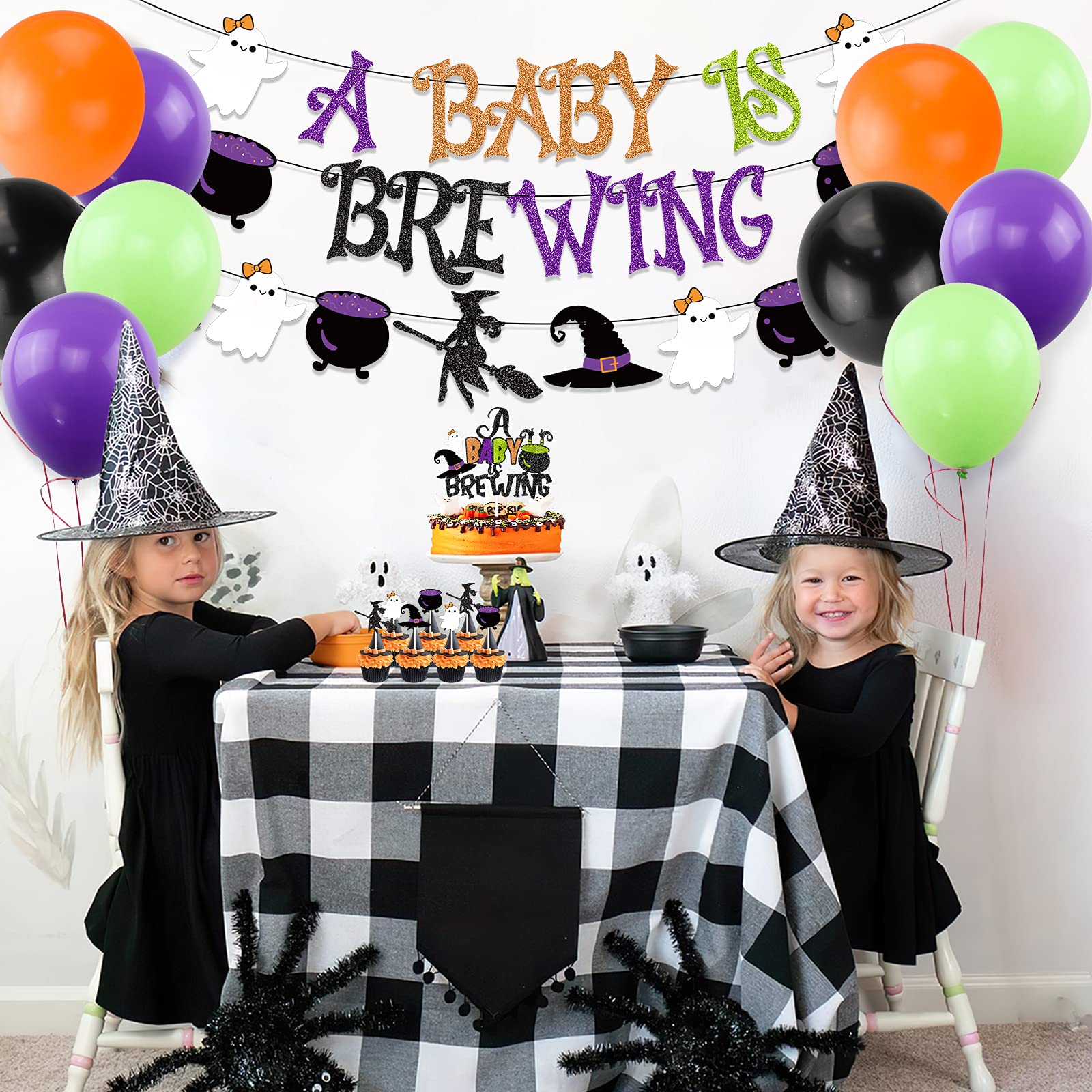 Halloween Baby Shower Decorations, Halloween A Baby is Brewing Banner Garland Halloween Cake Topper Balloons Set for Boy Girl Halloween Baby Shower Pregnancy Celebration Gender Reveal Party Supplies