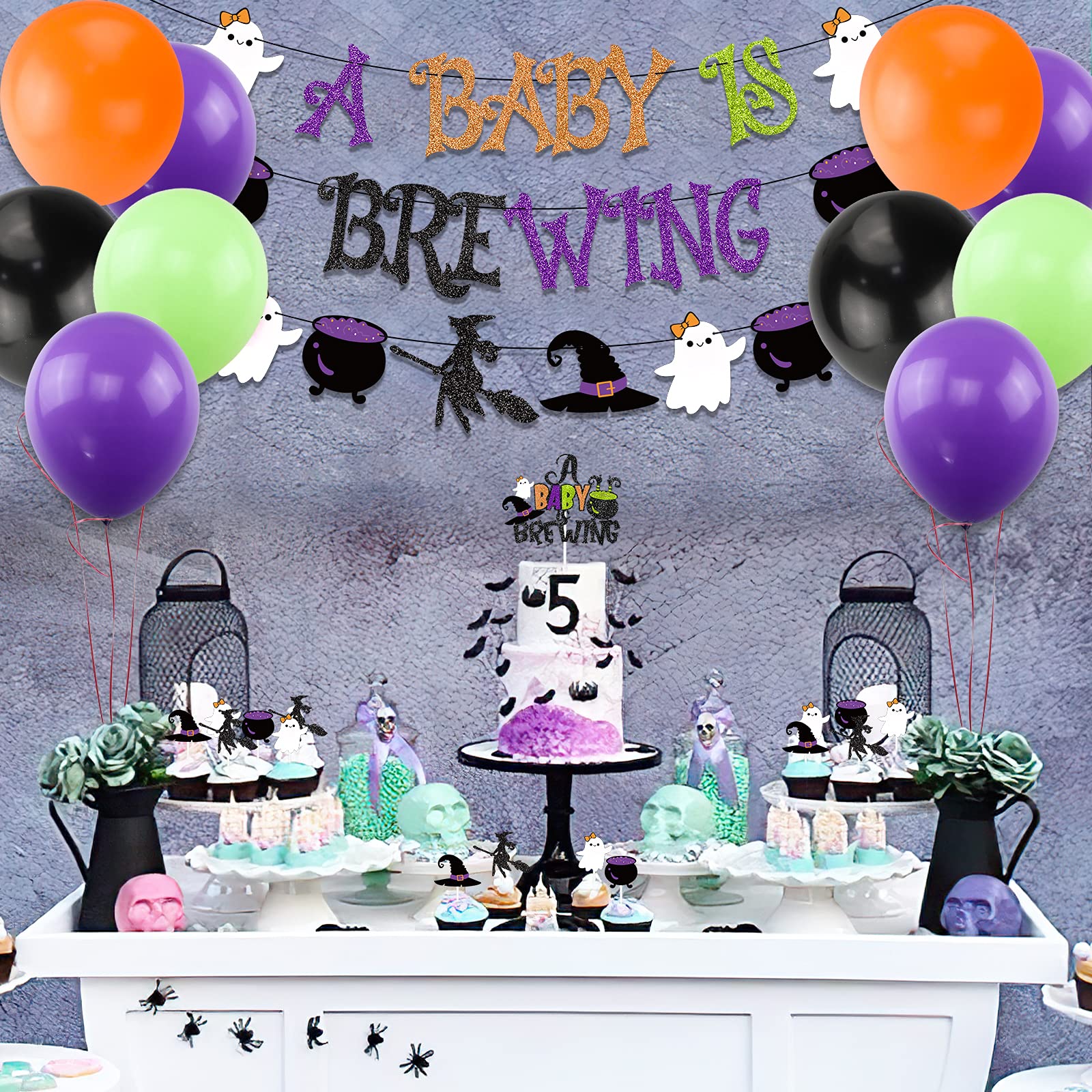 Halloween Baby Shower Decorations, Halloween A Baby is Brewing Banner Garland Halloween Cake Topper Balloons Set for Boy Girl Halloween Baby Shower Pregnancy Celebration Gender Reveal Party Supplies