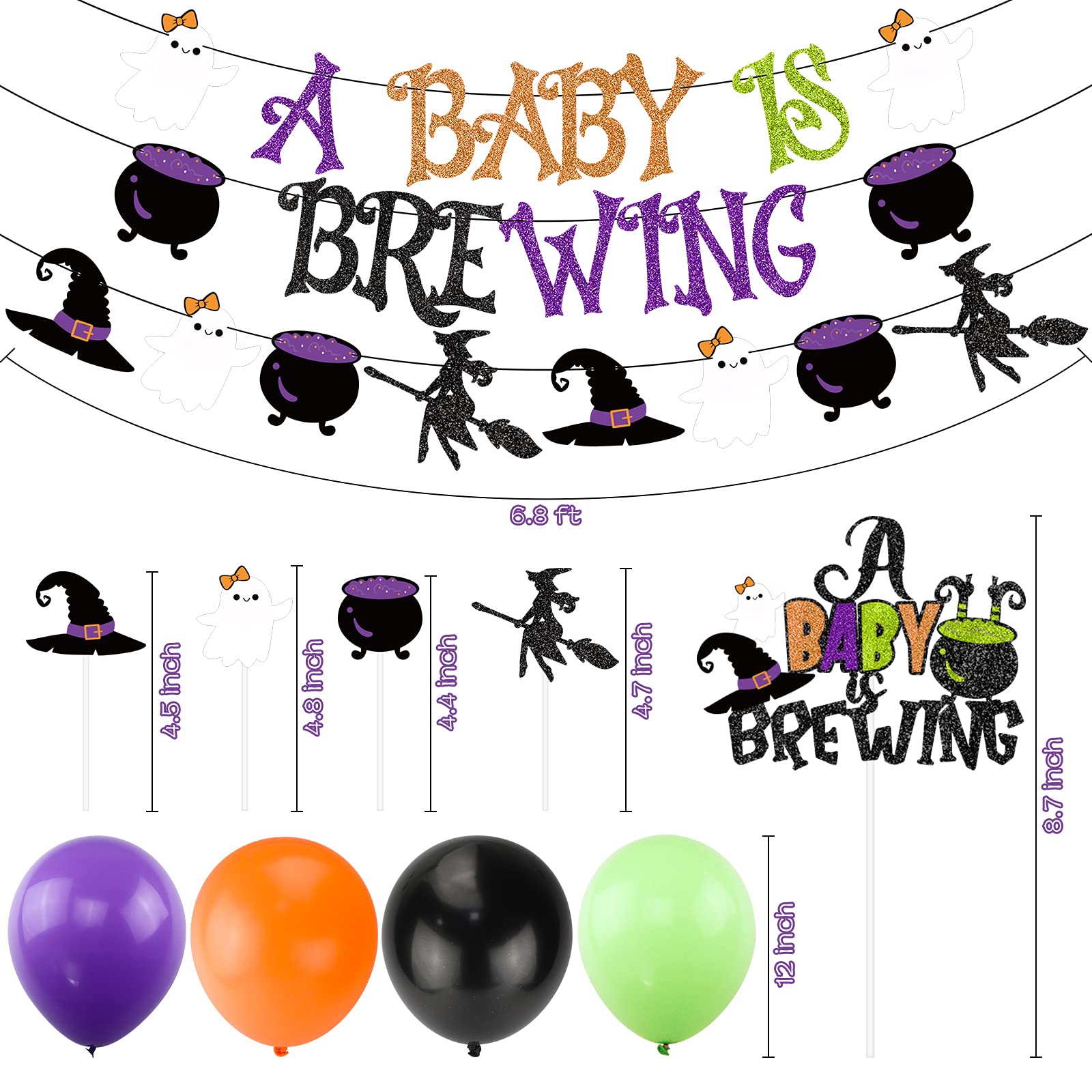 Halloween Baby Shower Decorations, Halloween A Baby is Brewing Banner Garland Halloween Cake Topper Balloons Set for Boy Girl Halloween Baby Shower Pregnancy Celebration Gender Reveal Party Supplies