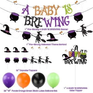 Halloween Baby Shower Decorations, Halloween A Baby is Brewing Banner Garland Halloween Cake Topper Balloons Set for Boy Girl Halloween Baby Shower Pregnancy Celebration Gender Reveal Party Supplies