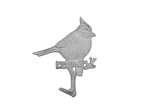 Handcrafted Nautical Decor Whitewashed Cast Iron Cardinal Sitting on a Tree Branch Decorative Metal Wall H