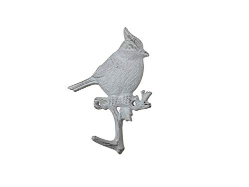 Handcrafted Nautical Decor Whitewashed Cast Iron Cardinal Sitting on a Tree Branch Decorative Metal Wall H
