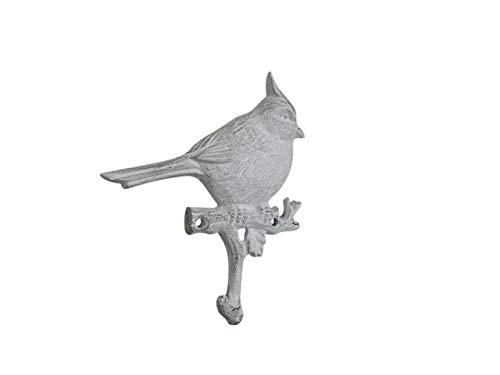 Handcrafted Nautical Decor Whitewashed Cast Iron Cardinal Sitting on a Tree Branch Decorative Metal Wall H