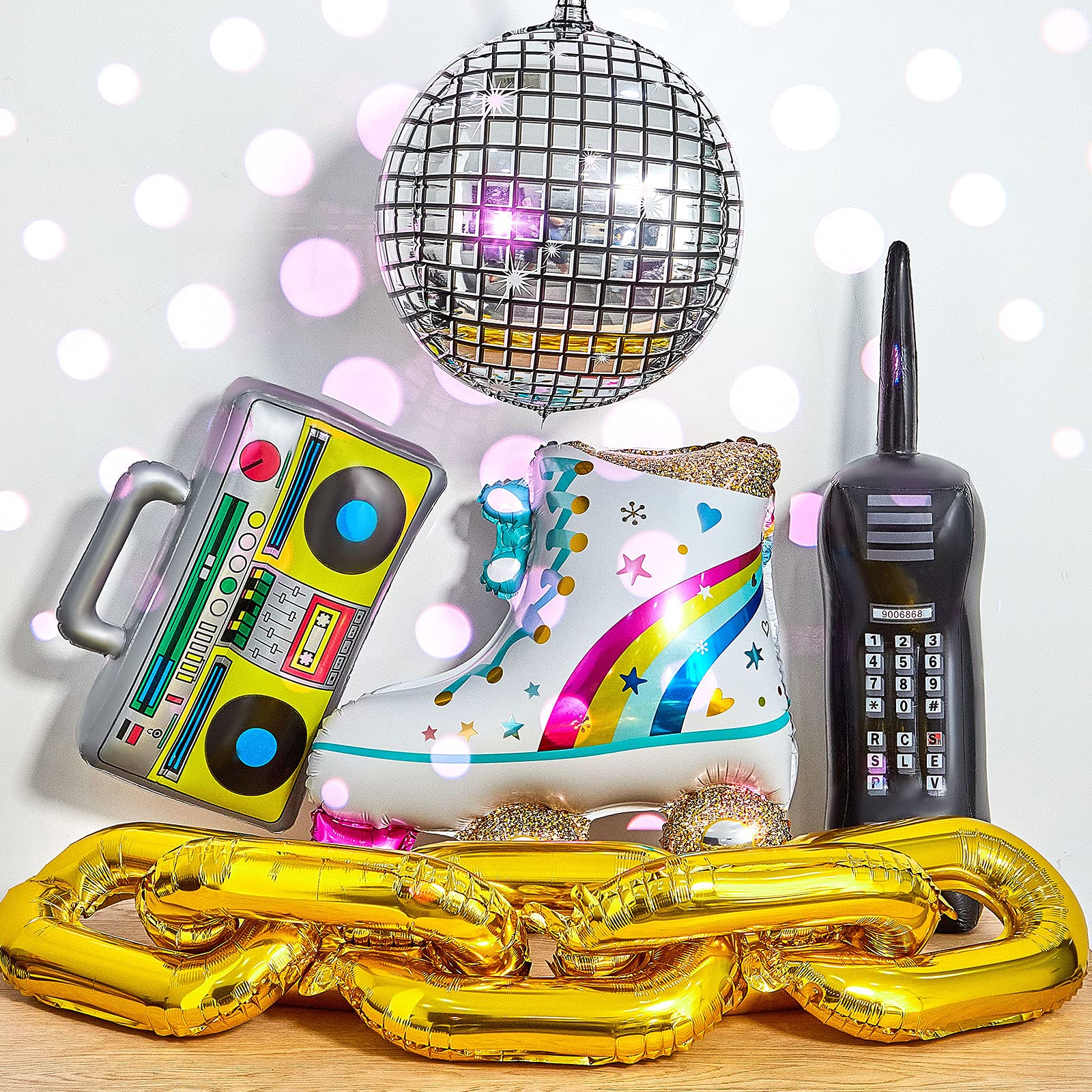 18 Pieces 80s 90s Party Decorations Rainbow Roller Skate Balloons Gold Chain Balloons Inflatable Boombox Radio Mobile Phone Balloons 4D Disco Ball Aluminum Film Balloons for Adult Hip Hop Themed Decor