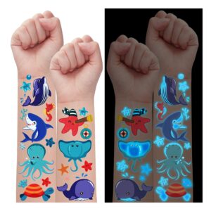 partywind luminous blue under sea temporary tattoos for kids, 170 styles glow ocean beach pool birthday party decorations supplies favors, fake tattoo stickers for kids gifts (12 sheets)