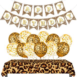 15 Pieces Cheetah Happy Birthday Decorations Leopard Print Banner Cheetah Birthday Banner Gold Leopard Balloons Leopard Print Plastic Tablecloth for Boy Girl Baby Shower Theme Supplies Decorations