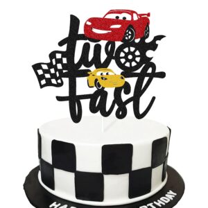 two fast cake topper race car 2nd cake decoration for racing car checkered flag themed kids boy girl 2 years old happy 2s birthday party supplies double sided