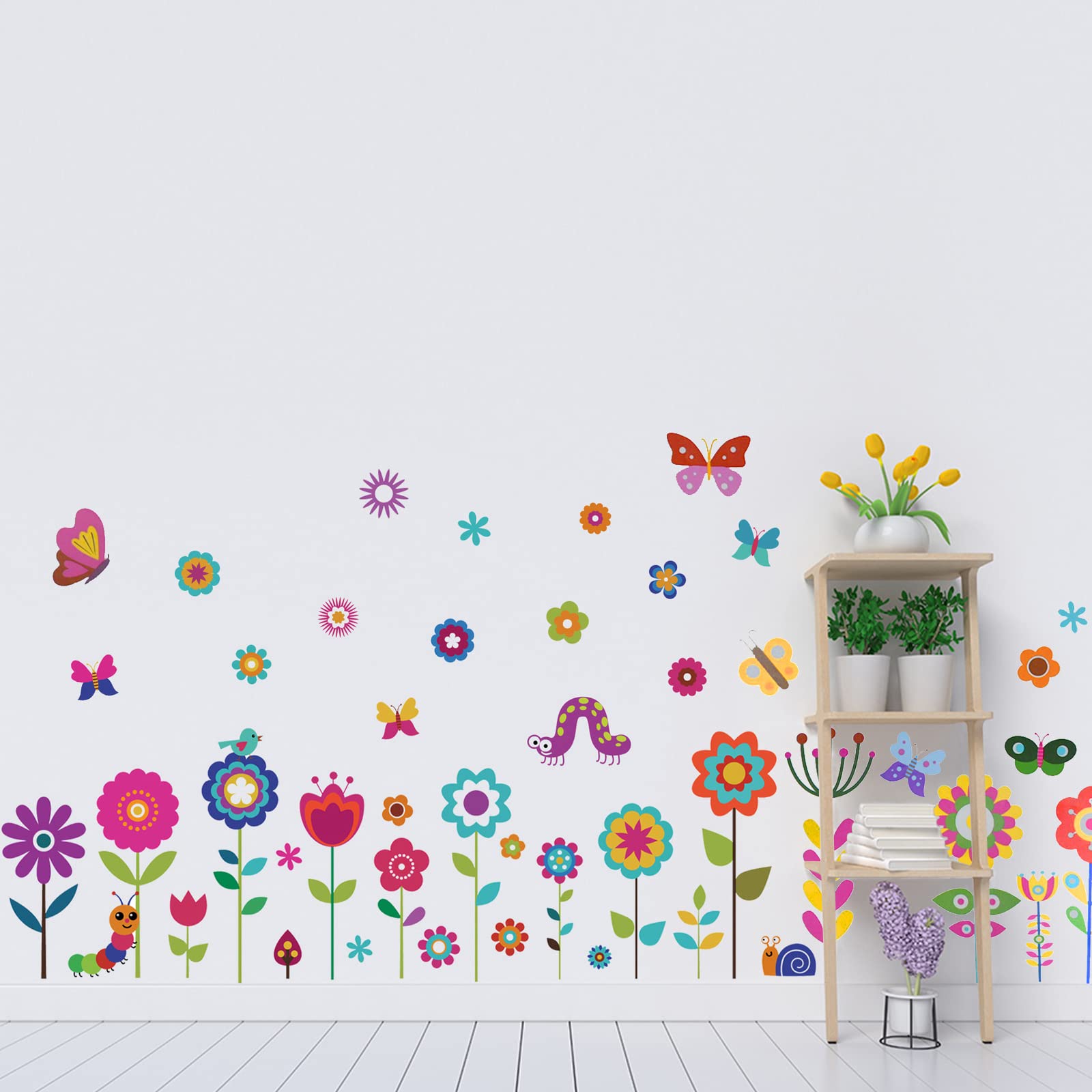 Maydahui 56PCS Garden Flower Wall Corner Decal Snail Butterfly Caterpillar Bird Snake Sunflower Grass Floral Baseboard Wall Sticker for Kids Girls Room Bedroom Nursery Classroom Home Decoration