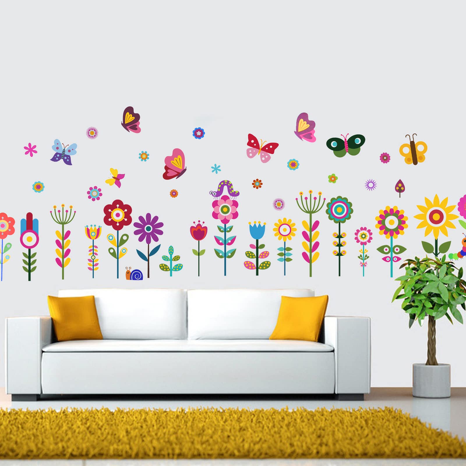 Maydahui 56PCS Garden Flower Wall Corner Decal Snail Butterfly Caterpillar Bird Snake Sunflower Grass Floral Baseboard Wall Sticker for Kids Girls Room Bedroom Nursery Classroom Home Decoration