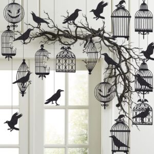 cheerland glitter black crow cage decorations for gothic halloween stickers decals tree hanging decorations raven bird and cage banner garland backdrop for horror theme birthday party supplies