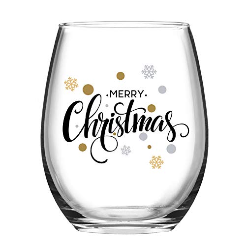 Modwnfy Funny Christmas Gifts for Women, Merry Christmas Wine Glass, Xmas Stemless Wine Glass for Mom Women Friend Coworker Family, Gift Idea on Christmas Wedding Birthday Baby Shower Party, 15 Oz