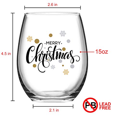 Modwnfy Funny Christmas Gifts for Women, Merry Christmas Wine Glass, Xmas Stemless Wine Glass for Mom Women Friend Coworker Family, Gift Idea on Christmas Wedding Birthday Baby Shower Party, 15 Oz