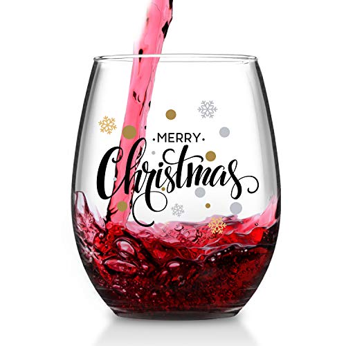 Modwnfy Funny Christmas Gifts for Women, Merry Christmas Wine Glass, Xmas Stemless Wine Glass for Mom Women Friend Coworker Family, Gift Idea on Christmas Wedding Birthday Baby Shower Party, 15 Oz