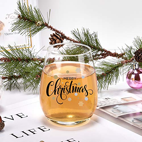 Modwnfy Funny Christmas Gifts for Women, Merry Christmas Wine Glass, Xmas Stemless Wine Glass for Mom Women Friend Coworker Family, Gift Idea on Christmas Wedding Birthday Baby Shower Party, 15 Oz