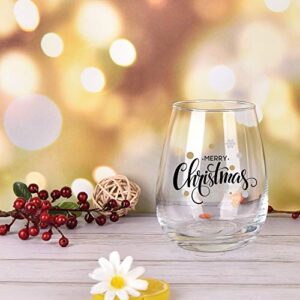 Modwnfy Funny Christmas Gifts for Women, Merry Christmas Wine Glass, Xmas Stemless Wine Glass for Mom Women Friend Coworker Family, Gift Idea on Christmas Wedding Birthday Baby Shower Party, 15 Oz