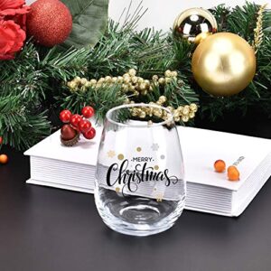 Modwnfy Funny Christmas Gifts for Women, Merry Christmas Wine Glass, Xmas Stemless Wine Glass for Mom Women Friend Coworker Family, Gift Idea on Christmas Wedding Birthday Baby Shower Party, 15 Oz