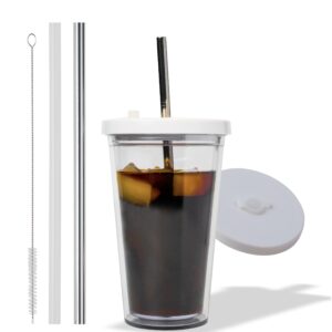 reusable iced coffee cup (16 oz/grande), leak proof and double wall insulated iced coffee tumbler, come with reusable plastic and metal straws and straw cleaner