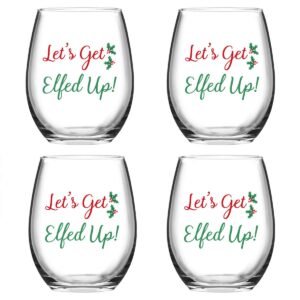 modwnfy funny christmas wine glass set, let's get elfed up xmas stemless wine glass for women friends family coworker, good wine glasses for christmas wedding birthday party, set of 4 (15 oz)