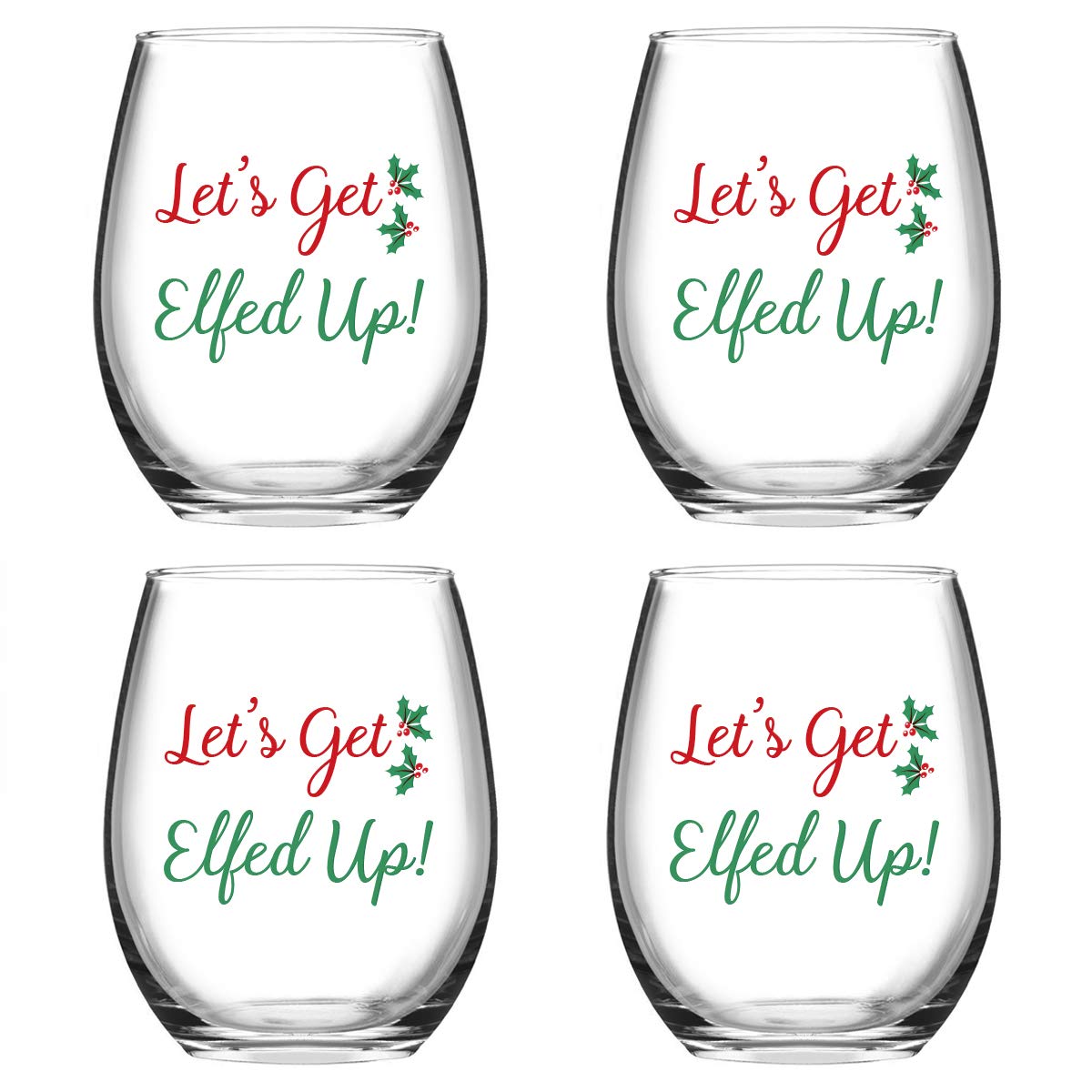 Modwnfy Funny Christmas Wine Glass Set, Let's Get Elfed Up Xmas Stemless Wine Glass for Women Friends Family Coworker, Good Wine Glasses for Christmas Wedding Birthday Party, Set of 4 (15 Oz)