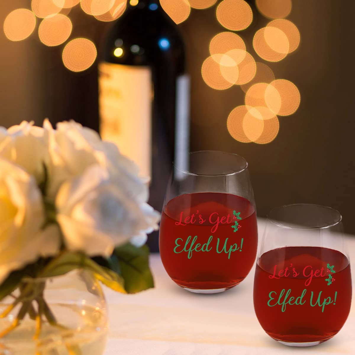 Modwnfy Funny Christmas Wine Glass Set, Let's Get Elfed Up Xmas Stemless Wine Glass for Women Friends Family Coworker, Good Wine Glasses for Christmas Wedding Birthday Party, Set of 4 (15 Oz)