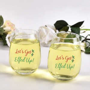 Modwnfy Funny Christmas Wine Glass Set, Let's Get Elfed Up Xmas Stemless Wine Glass for Women Friends Family Coworker, Good Wine Glasses for Christmas Wedding Birthday Party, Set of 4 (15 Oz)