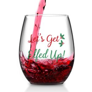 Modwnfy Funny Christmas Wine Glass Set, Let's Get Elfed Up Xmas Stemless Wine Glass for Women Friends Family Coworker, Good Wine Glasses for Christmas Wedding Birthday Party, Set of 4 (15 Oz)